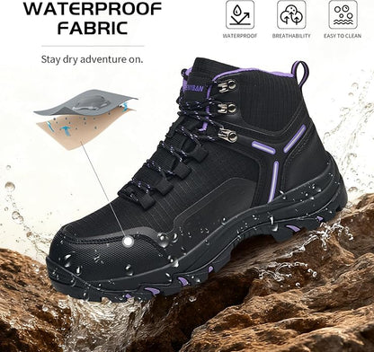 Waterproof Women's Hiking Boots with Wide Toe Box Lightweight Non-Slip Grip Ankle Support, Durable Comfort for Trekking, Trail Running, and Outdoor Adventures