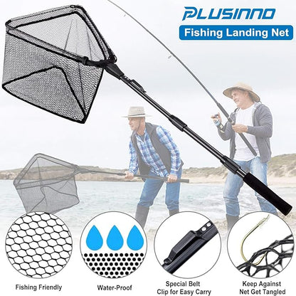 PLUSINNO Fishing Net Fish Landing Net, Foldable Collapsible Telescopic Pole Handle, Durable Nylon Material Mesh, Safe Fish Catching or Releasing
