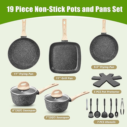 VOTTGO 19 Pcs Pots and Pans Set Non Stick, Black Granite Induction Cookware Set, Non Toxic Healthy RV Kitchen Cooking Set with Silicone Tools and Pot Protectors, PFOA PFOS PFAS Free