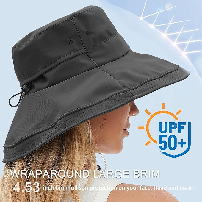 Sun Hats for Women Men UV Protection Wide Brim Bucket Hat with Ponytail Hole Waterproof Gardening Fold-Up Summer Cap