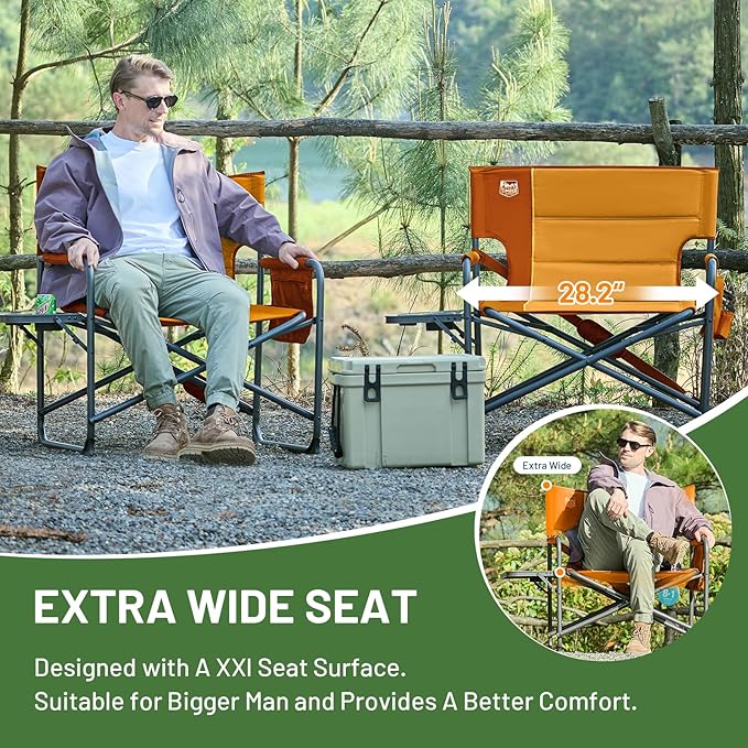 TIMBER RIDGE XXL Director’s Chair – Heavy Duty Folding Chair with Side Table, 500 lb Capacity, Extra Wide Padded Seat for Camping, Sports, Beach, Patio, and Outdoor Use, Orange-2 Pack