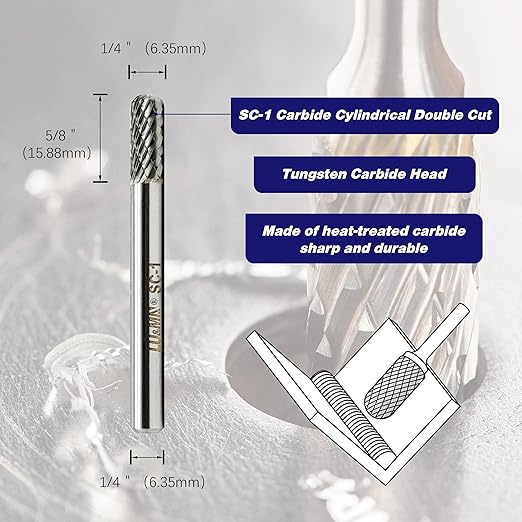 Tungsten Carbide Burr Cylinder Ball Nose Shape SC-1 Double Cut Rotary Burr File (1/4" Cutter Dia X 5/8" Cutter Length) with 1/4'' Shank, 4PCS Bundle by LU&MN