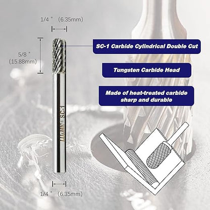 Tungsten Carbide Burr Cylinder Ball Nose Shape SC-1 Double Cut Rotary Burr File (1/4" Cutter Dia X 5/8" Cutter Length) with 1/4'' Shank, 4PCS Bundle by LU&MN