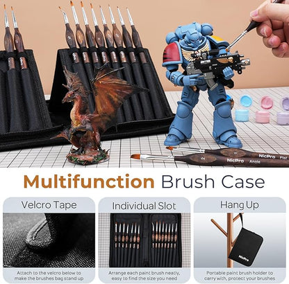 Nicpro Miniature Paint Brushes - 15PCS Model Paint Brush Set with Nylon Case for Acrylic Oil Watercolor, Micro Detail Paint Brushes for Model, Miniature Painting, Fine Detailing, Paint by Numbers