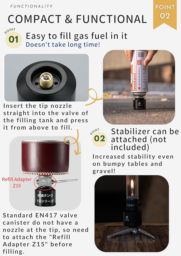 CAMPINGMOON Refillable Gas Canister Empty Pocket Tank for Gas Lantern Backpacking Camping 15g w/ Gas Transfer Adapter Z15 Black BKTC-15/Z15