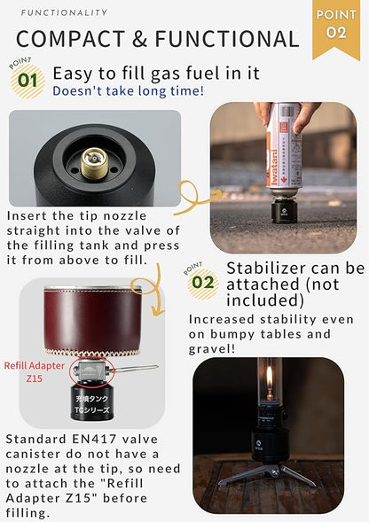 CAMPINGMOON Refillable Gas Canister Empty Pocket Tank for Gas Lantern Backpacking Camping 15g w/ Gas Transfer Adapter Z15 Black BKTC-15/Z15