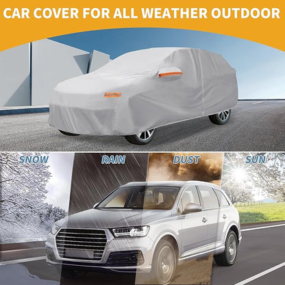 Universal Car Cover Waterproof All Weather 190T-PU, UV Sun Rain Protection, Fits for SUV Length 191"-200", with Left Side Zipper, Silver Tone