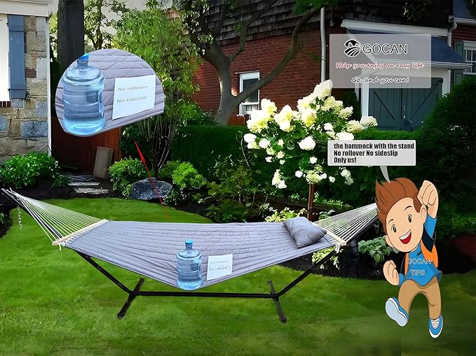 Quilted Fabric Double Hammock Won't flip with Stand and Spreader Bars,Safer and Sturdier,Quality Hammocks for Outdoor Indoor Patio Yard Two Sided Dual use Deep Grey