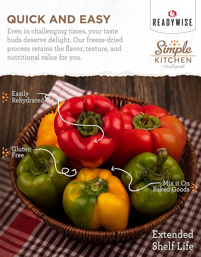 Simple Kitchen Dehydrated Red & Green Bell Peppers – 153 Servings for Family Meal Prep, Survival Canned Food, Gluten Free & Freeze Dried Bell Peppers for Camping Meals, Backpacking & Hiking, #10 Can