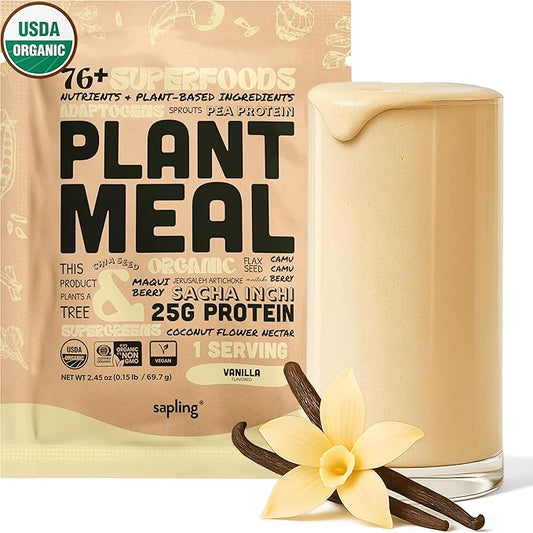 Plant Meal Replacement Shake - Vanilla - 25g of Plant Based Vegan Protein Powder, 76+ Organic Superfoods, Vitamins & Minerals, Mushrooms, Super Greens, Digestive Enzymes & Probiotics - 1 Serving