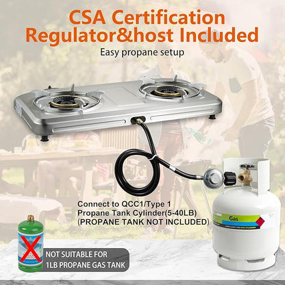 Propane Stove 2 Burner Gas Stove Top, 27200 BTU High-Efficiency LPG Metal Cooktop With Auto Ignition, CSA Regulator and Hose, Perfect for Outdoor Kitchen, Camping, RV & Emergency Cooking