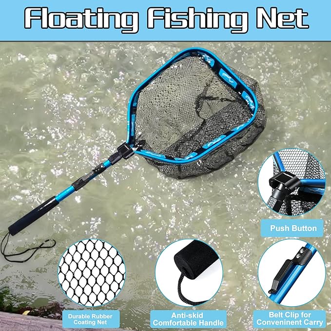 PLUSINNO Floating Fishing Net for Steelhead, Salmon, Fly, Kayak, Catfish, Bass, Trout Fishing, Rubber Coated Landing Net for Easy Catch & Release, Compact & Foldable for Easy Transportation & Storage