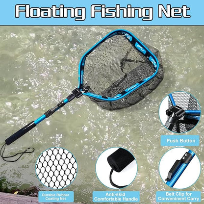 PLUSINNO Floating Fishing Net for Steelhead, Salmon, Fly, Kayak, Catfish, Bass, Trout Fishing, Rubber Coated Landing Net for Easy Catch & Release, Compact & Foldable for Easy Transportation & Storage
