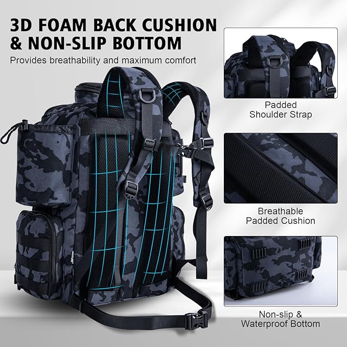 Goture Fishing Backpack,900D Water-Resistant Tackle Backpack with Rod Holders,45L Large Fishing Bag Storage Gear Tackle Bag with Rain Cover,Bottle Holder for Travel Camping Hiking(Without Tackle Box)