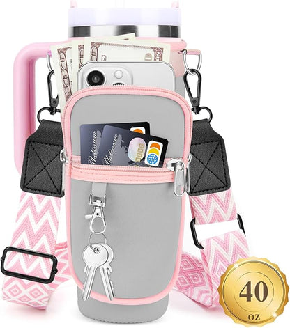 Water Bottle Carrier Bag with Strap for Stanley 40/30 oz Tumbler with Handle, Water Bottle Holder Pouch with Phone Pocket for Stanley Cup Accessories, fit Walking Hiking Travel