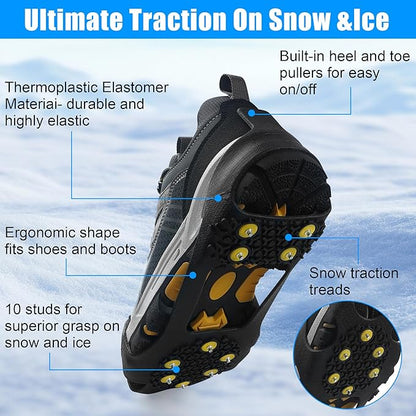 2 Pairs Ice Snow Grips Over Shoe Boots Traction Cleats Crampons for Walking on Ice&Snow Anti Slip Cleat Fasten Quickly Easily Over Footwear