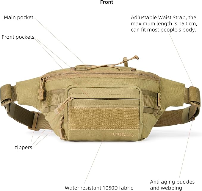 3.5L Military Tactical Fanny Pack | Molle, Quick Access, EDC, Hiking, Travel, Fit Most Men's Waist (Tan)