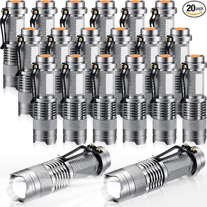 Fumete 20 Pieces LED Flashlight Mini 3 Mode Tactical Torch Small Water Resistant Pocket Flash Light Adjustable Focus Light Pen for Men, Father, Indoor Outdoor Hiking(Silver)