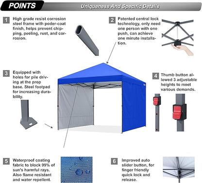 ABCCANOPY Easy Pop up Canopy Tent with 2 Sidewalls for Outdoor Sun Blocking or Rain Protection,10x10, Royal Blue