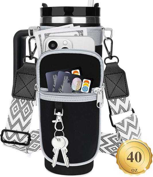 Water Bottle Carrier Bag with Strap for Stanley 40/30 oz Tumbler with Handle, Water Bottle Holder Pouch with Phone Pocket for Stanley Cup Accessories, fit Walking Hiking Travel