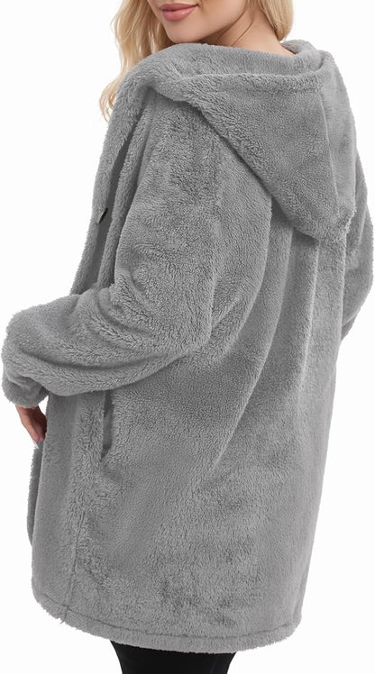 MANGOPOP Womens Fleece Jacket 2025 Winter Oversized Fuzzy Hooded Coat Button Cardigan Sherpa Sweaters Outerwear with Pockets