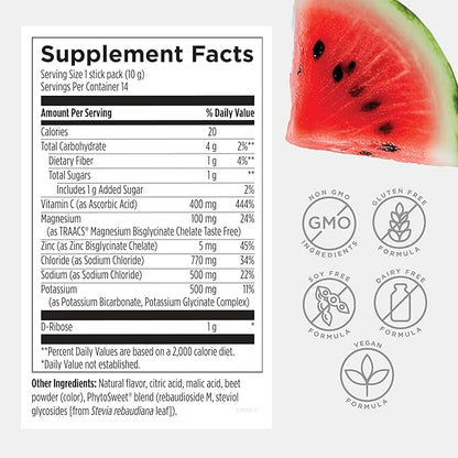 Designs for Health ElectroPure Hydration Packets, Watermelon Flavor - Electrolytes Powder with Vitamin C, Magnesium, Zinc, and Potassium - with Stevia and Monk Fruit Sweetener (14 Stick Packets)