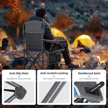 ALPHA CAMP Oversized Camping Folding Chair - Heavy Duty Steel Frame Support 350 LBS, Collapsible Padded Arm With Cup Holder, Quad Lumbar Back, Portable for Outdoor/Indoor