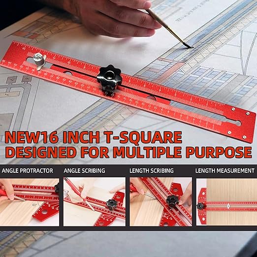 Greywolf Carpenter's Ruler, 18-inch Aluminum Sliding T-Square, Adjustable Angle, with Imperial and Metric Graduations, Multi-Purpose Carpenter's Ruler for Measuring Angles, Positions, and Lines