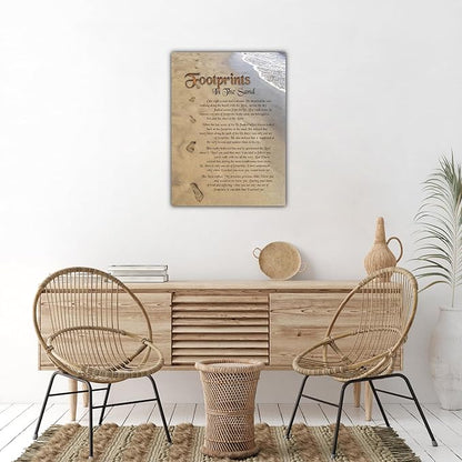 Footprints in the Sand Canvas Prints Wall Art, Footprints in the Sand Wall Art Decor, Inspirational Christian Poem Wall Poster Gift, Beach Picture Wall Art for Living Room Beach Office 12"Wx18"HInches