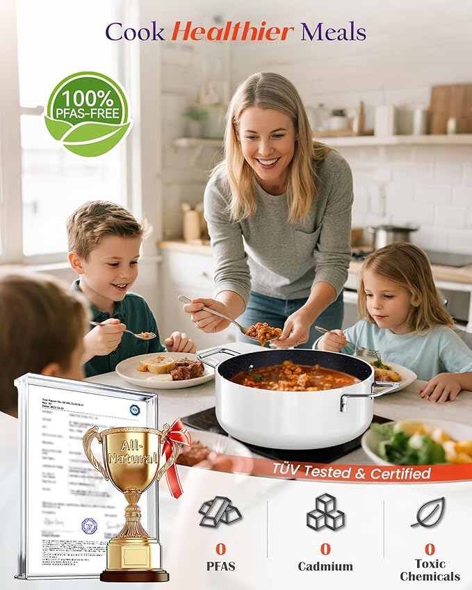 Nuwave Essential Series 5PC Ceramic Cookware Set PFAS-Free, G11 Duralon Blue Coating, Pots and Pans Set Non Stick, Diamond Scratch-Resistant,Stay-Cool Handle, Metal Lid,Induction Ready,Dishwasher Safe