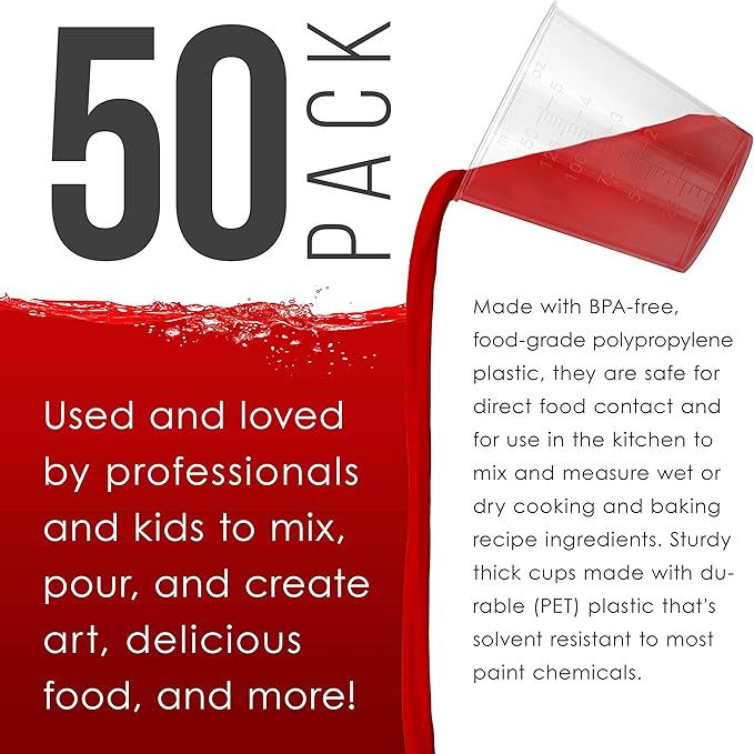 Pouring Masters 5 Oz (150 ml) Liquid Measuring Cups - Plastic Graduated Cup (50 Pack) with 25 Sticks - Reusable Mixing Cups for Paint, Craft, Kitchen, Lab, Medical Supplies, Epoxy Resin, Art
