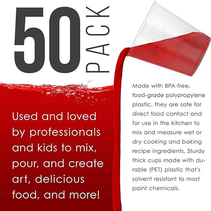 Pouring Masters 5 Oz (150 ml) Liquid Measuring Cups - Plastic Graduated Cup (50 Pack) with 25 Sticks - Reusable Mixing Cups for Paint, Craft, Kitchen, Lab, Medical Supplies, Epoxy Resin, Art