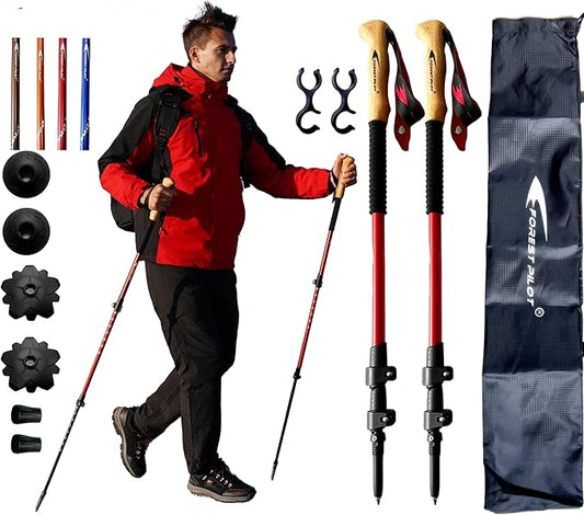 Trekking Poles - Lightweight 7075 Aluminum with Flip Lock & All Terrain Accessories - Pair of 2 Walking Sticks for Hiking with EVA or Beech Wood Grip