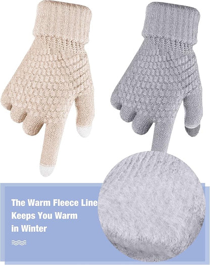 Geyoga 2 Pairs Women's Winter Touch Screen Gloves Soft Warm Fleece Lined Knit Elastic Cuff Winter Texting Gloves