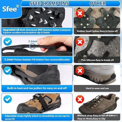 Sfee Crampons Ice Cleats for Shoes and Boots, 28 Steel Shoe Spikes Ultra-Grip Ice Cleats for Men Women Non-Slip Snow Traction Ice Grippers for Shoes and Boots for Walking, Hiking, Climbing, Fishing