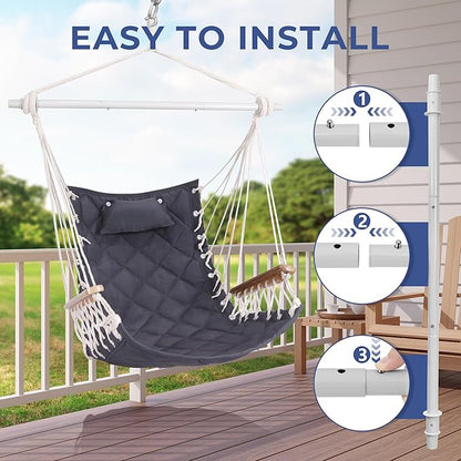 Hammock Chair Hanging Swing with Wooden Armrests;Steel Spreader Bar,Pillows,Hardware kit Included;Cotton Woven Fabric;Up to 350 Lbs,for Indoor or Outdoor