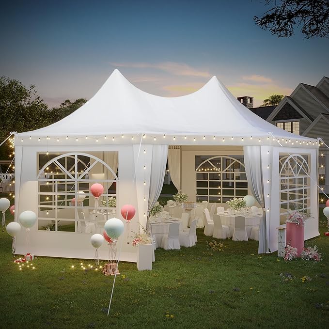 EROMMY 20x15ft Party Tent - White Wedding Canopy with 6 Removable Sidewalls, 6 Church Windows and 2 Pull-Back Doors - Octagonal Heavy Duty Outdoor Gazebo Pavilion Shelter for Events