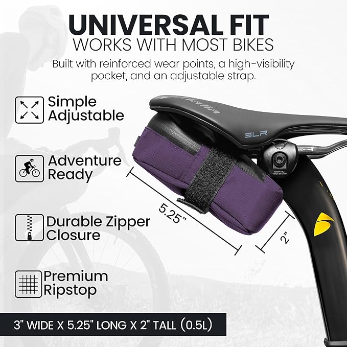 ALMSTHRE Signature Bike Saddle Bag – Violet | 0.5L Bike Seat Bag (3" x 5.25" x 2") | Water-Resistant Ripstop, Waterproof Zipper, Internal Pocket | Durable Under Seat Storage