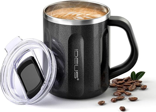 Ideus 16 oz Coffee Cup, Stainless Steel Coffee Travel Mug, Spill Proof Tea Mug with Handle and Lid, Lightweight and Durable, Great for Office Home and Outdoor Use, Black-FUJI FLOW