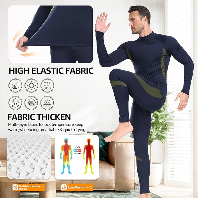 UNIQUEBELLA Men's Thermal Underwear Sets Top & Long Johns Fleece Sweat Quick Drying Thermo Base Layer