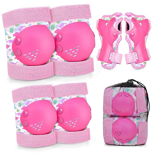 Kids Knee and Elbow Pads Set for 3-8 Years, Protective Gear with Drawstring Bag for Girls and Boys Roller Skating, Cycling, Skateboarding