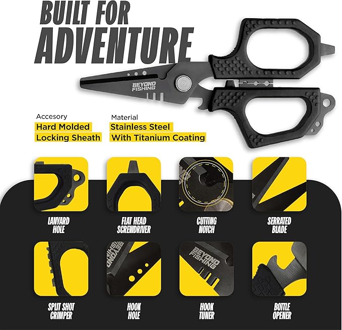 Beyond Fishing 6.5" Pro Fishing Shears Dual Serrated Blades, Fishing Braided Line Scissors with Titanium Coating, Non-Slip Grip & Multifunction Tool, Includes Hard Molded Locking Sheath