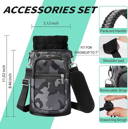 32/40/64/87/128 oz Water Bottle Carrier Bag, Neoprene Water Bottle Sleeve with 4 Pocket, Sport Water Holder with Paracord Handle and Shoulder Strap for Walking Hiking Camping Gym