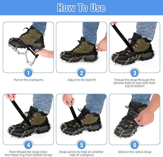 24 Spikes Crampons for Shoes, Anti Slip Ice Cleats for Shoes and Boots, Traction Ice Snow Grip with Stainless Steel Spikes and Silicone Men Women for Hiking, Walking, Climbing, Jogging,Fishing