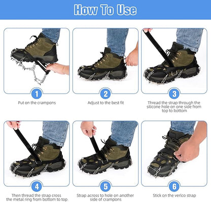 24 Spikes Crampons for Shoes, Anti Slip Ice Cleats for Shoes and Boots, Traction Ice Snow Grip with Stainless Steel Spikes and Silicone Men Women for Hiking, Walking, Climbing, Jogging,Fishing