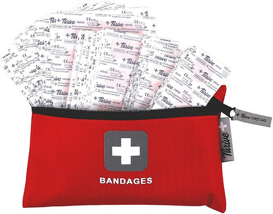 Thrive Bulk Bandages Variety Pack - 305 Count, Red - Travel Fabric & Waterproof Adhesive Bandages & Band Aids with Zipper Pouch