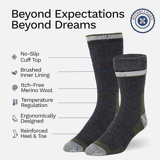 Buttons & Pleats Wool Socks for Men & Women Merino Thermal Warm Cozy Winter Boot Sock