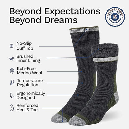 Buttons & Pleats Wool Socks for Men & Women Merino Thermal Warm Cozy Winter Boot Sock