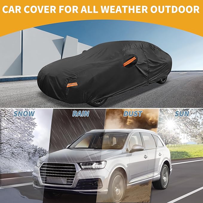 Universal Car Cover Waterproof All Weather 190T-PU, UV Sun Rain Protection, Fits for Sedan Length 187"-198", with Left Side Zipper, Black