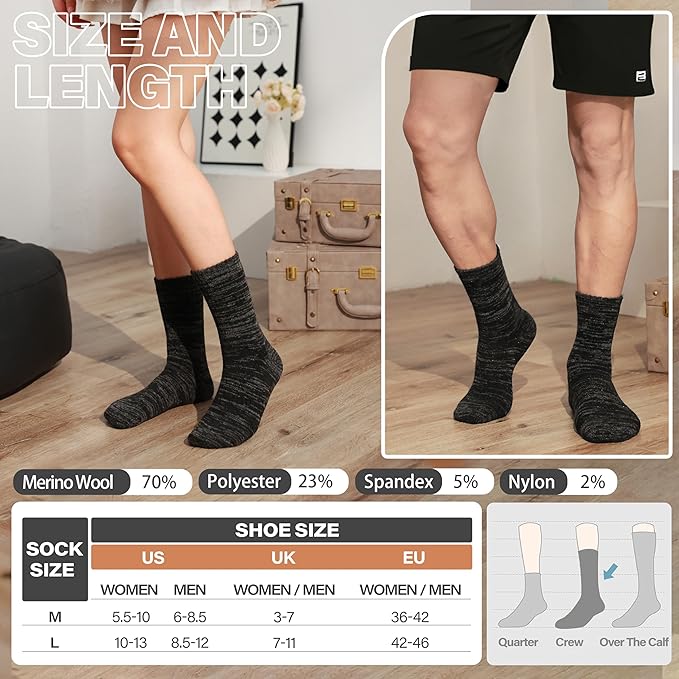 Anlisim Merino Wool Warm Boot Hiking Socks Thermal Extra Thick Winter Cozy Crew Comfy Cushioning Work Women Men Socks 4 Pairs